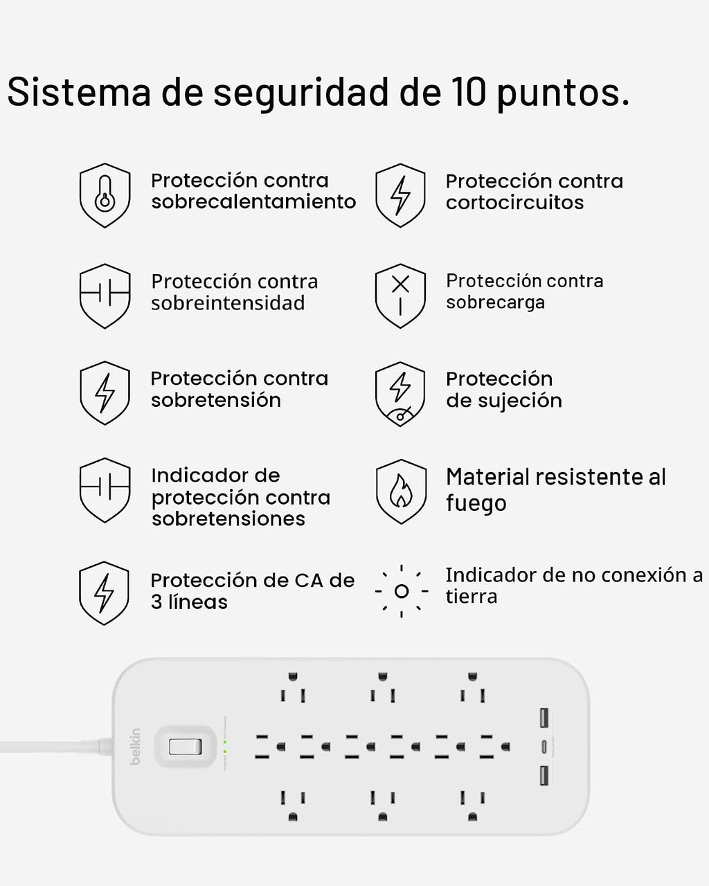Belkin Regleta de protección contra sobretensiones de 12 salidas con 12 salidas de CA, 2 puertos USB-A y 1 puerto USB-C, cable de 6 pies, certificado UL con protección contra sobrecarga y sobretensión