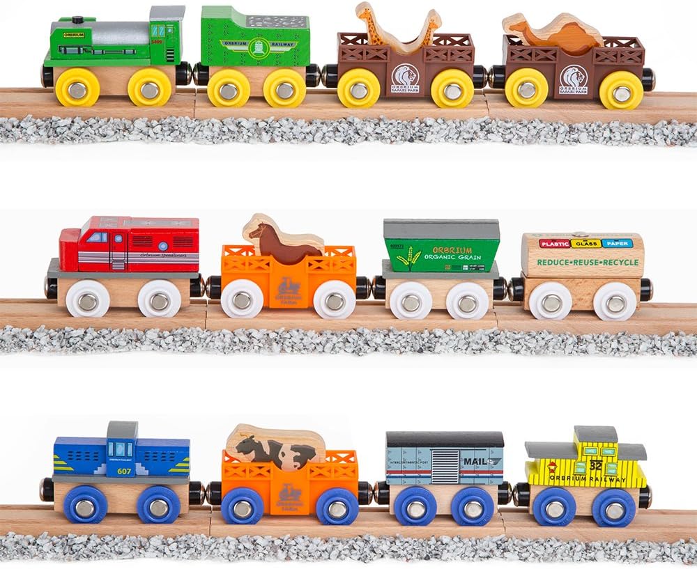 ORBRIUM Juego de trenes de madera, 12 coches y motores magnéticos, colección de 18 piezas, trenes de animales, circo, granja, safari, zoológico, compatible con Thomas Brio Melissa & Doug ferrocarril de madera para niños pequeños