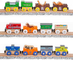ORBRIUM Juego de trenes de madera, 12 coches y motores magnéticos, colección de 18 piezas, trenes de animales, circo, granja, safari, zoológico, compatible con Thomas Brio Melissa & Doug ferrocarril de madera para niños pequeños