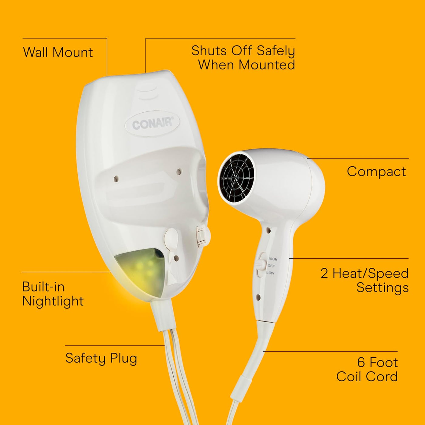 Conair Secador de pelo de montaje en pared, secador de 1600 W con l...