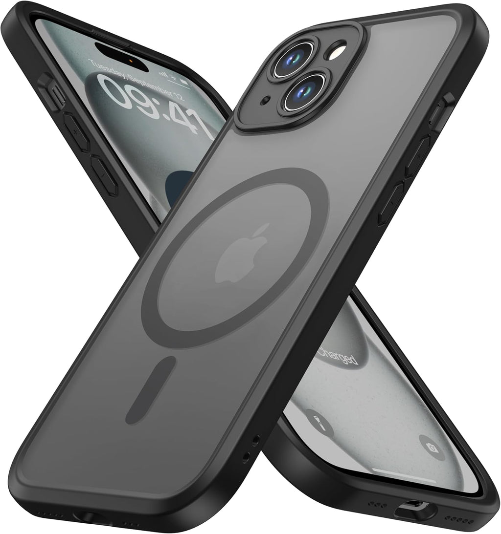 ImpactStrong Protector magnético diseñado para iPhone 15 [protección de cámara] [prueba de caídas de grado militar] [compatible con MagSafe] Funda delgada translúcida mate (6.1 pulgadas), color negro