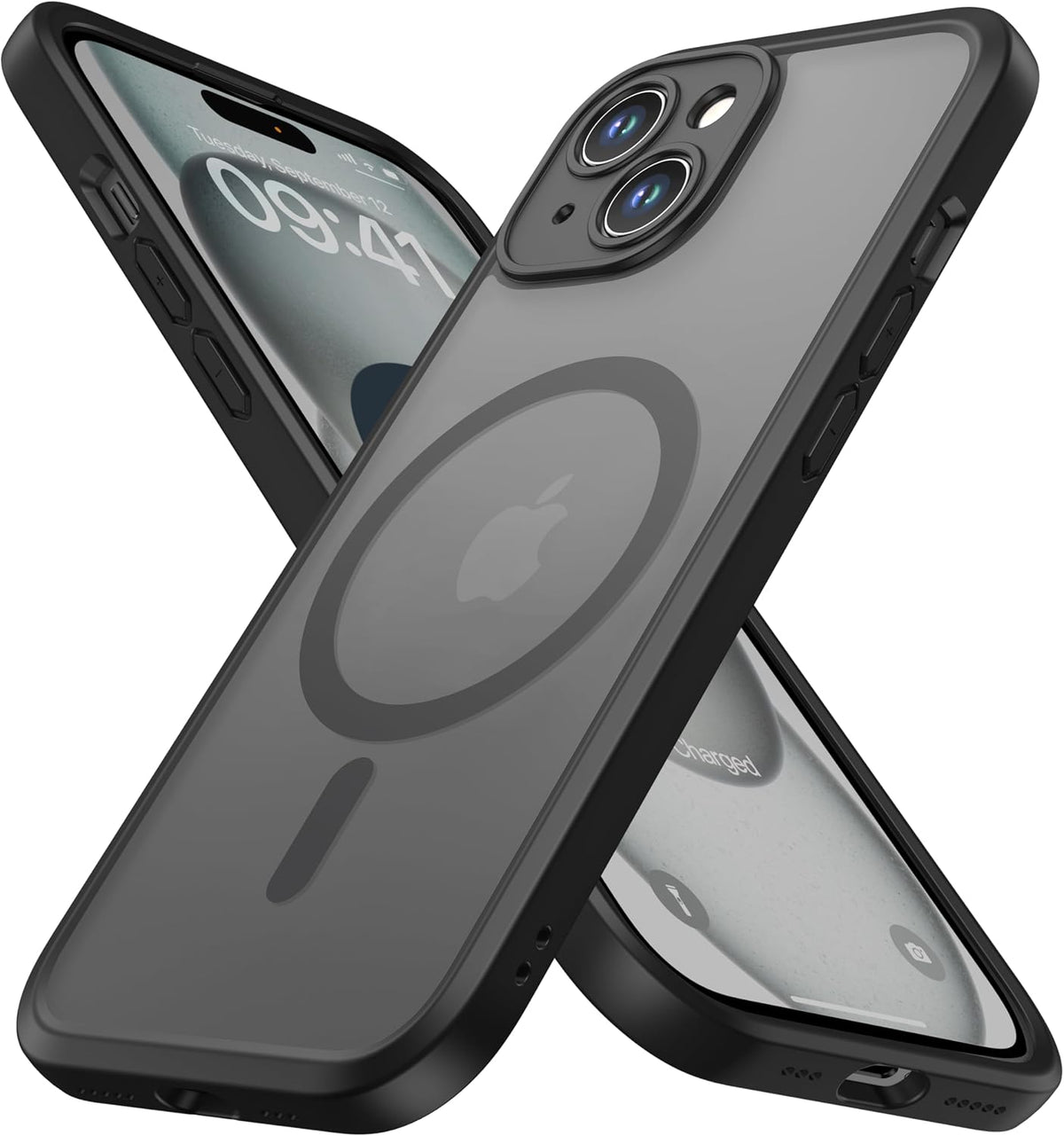 ImpactStrong Protector magnético diseñado para iPhone 15 [protección de cámara] [prueba de caídas de grado militar] [compatible con MagSafe] Funda delgada translúcida mate (6.1 pulgadas), color negro