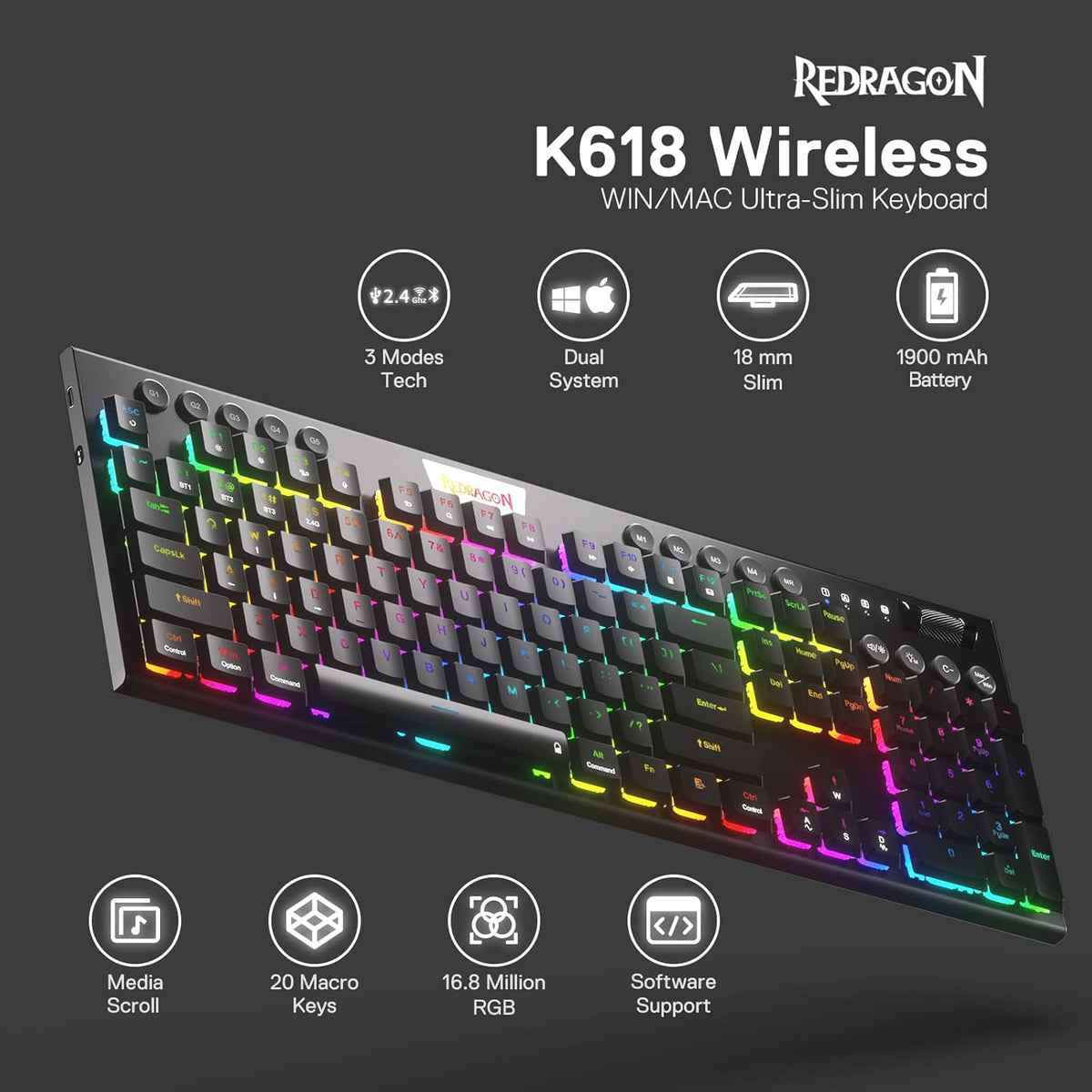 Redragon K618 PRO Teclado mecánico RGB inalámbrico de 3 modos, BT\/...
