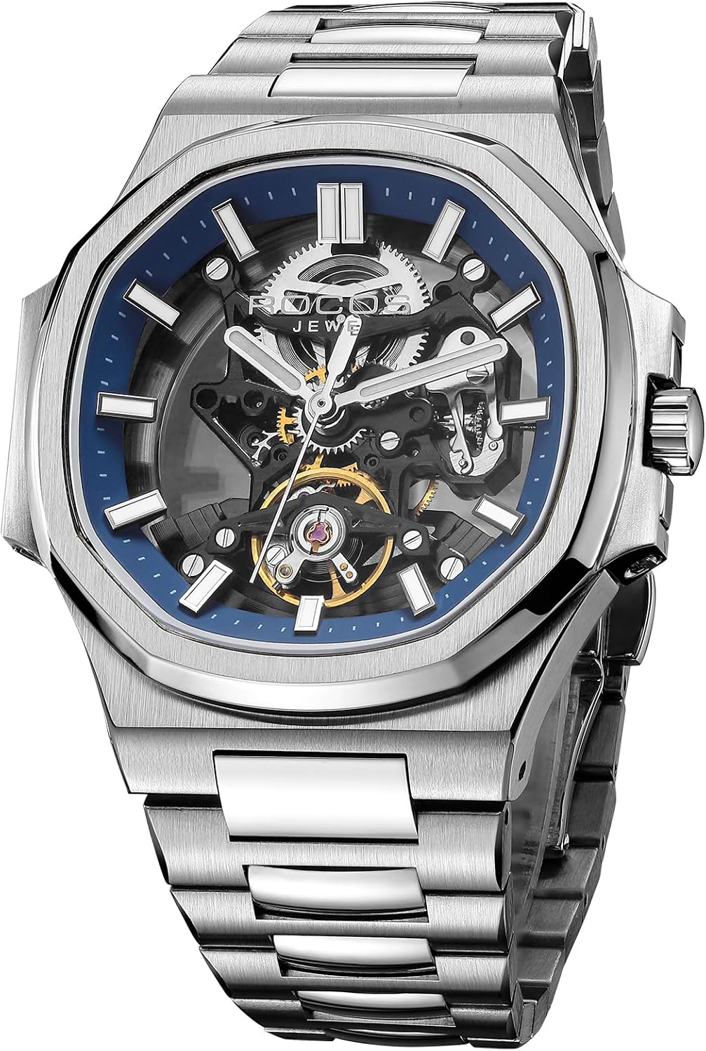 ROCOSJEWE Reloj Skeleton Automático de Lujo para Hombre, Reloj de Pulsera Mecánico de vestir, Remonte automático con esfera azul/negra, Joyería de acero inoxidable, manecillas luminosas, resistente al agua R0143