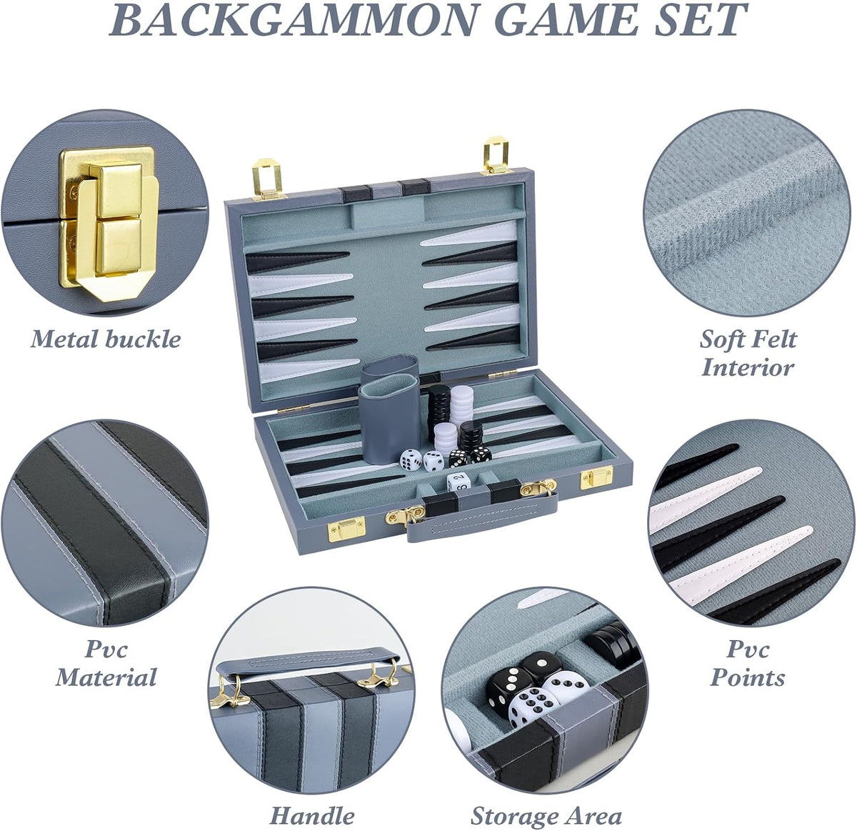 Backgammon - Juego de 2 jugadores clásico de backgammon para adultos, juego de mesa con funda de piel sintética, portátil y juego de backgammon de viaje (gris, 11 pulgadas)
