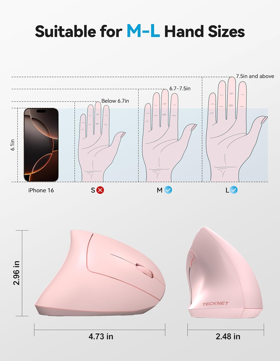 TECKNET Ratón ergonómico, Ratones verticales recargables 2.4G+Bluet...