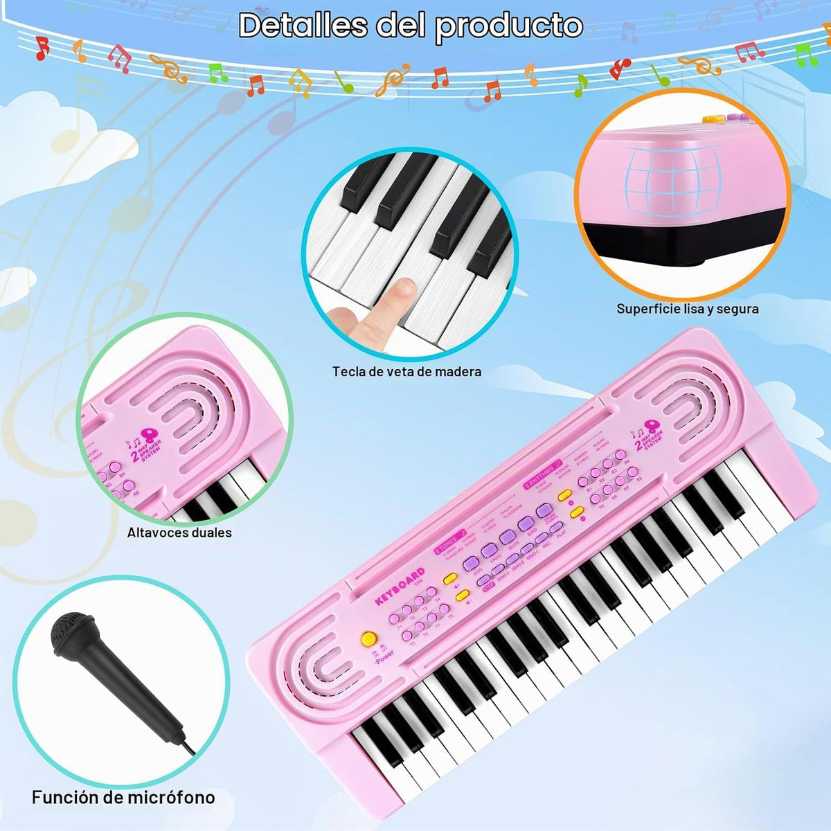 Teclado de piano de juguete para niños pequeños, pianos de 37 teclas, juguetes musicales con micrófono