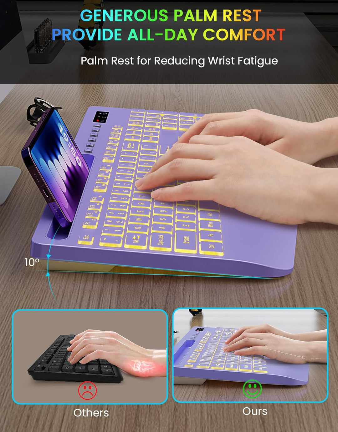Teclado inalámbrico con retroiluminación de 7 colores, reposamuñeca...