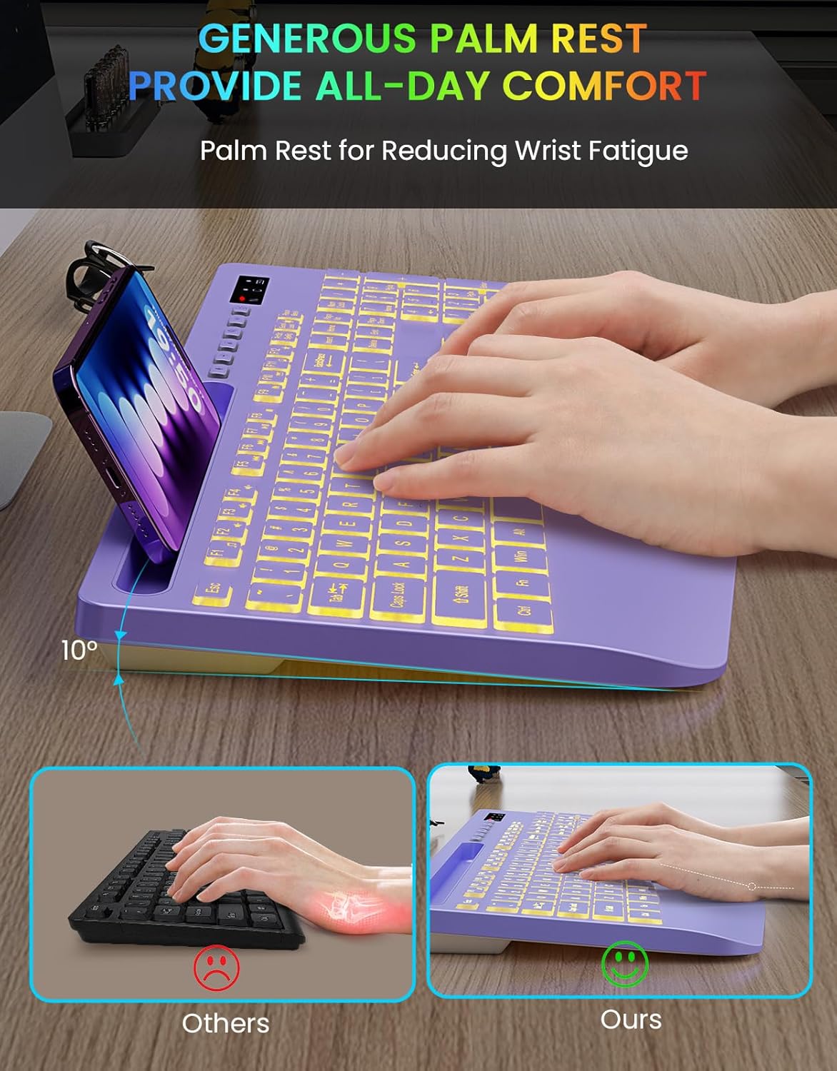 Teclado inalámbrico con retroiluminación de 7 colores, reposamuñeca...