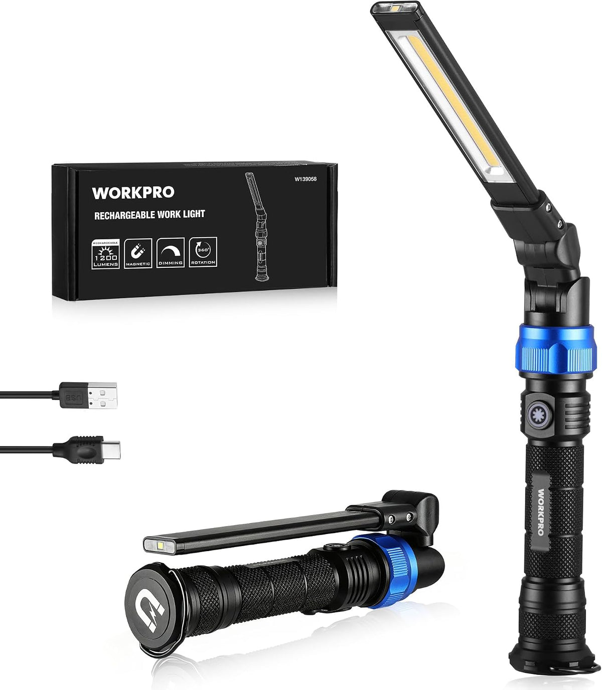 WORKPRO Luz magnética del trabajo del LED, linterna recargable plegable