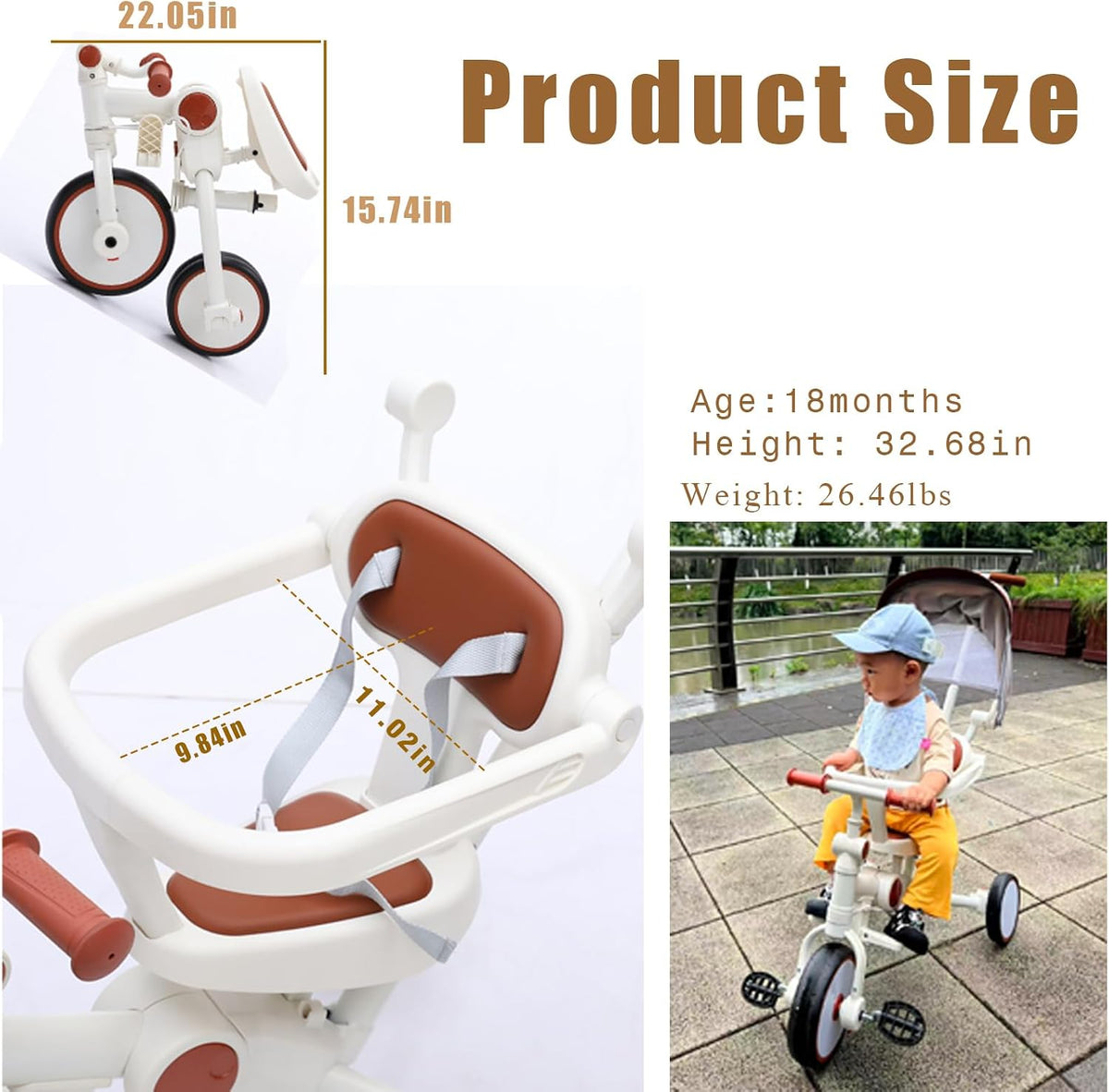 Triciclo plegable de empuje para niños pequeños con toldo, triciclo de equilibrio 8 en 1 con asa, triciclo para niños de 1 a 3 años, triciclos plegables para niños (blanco)