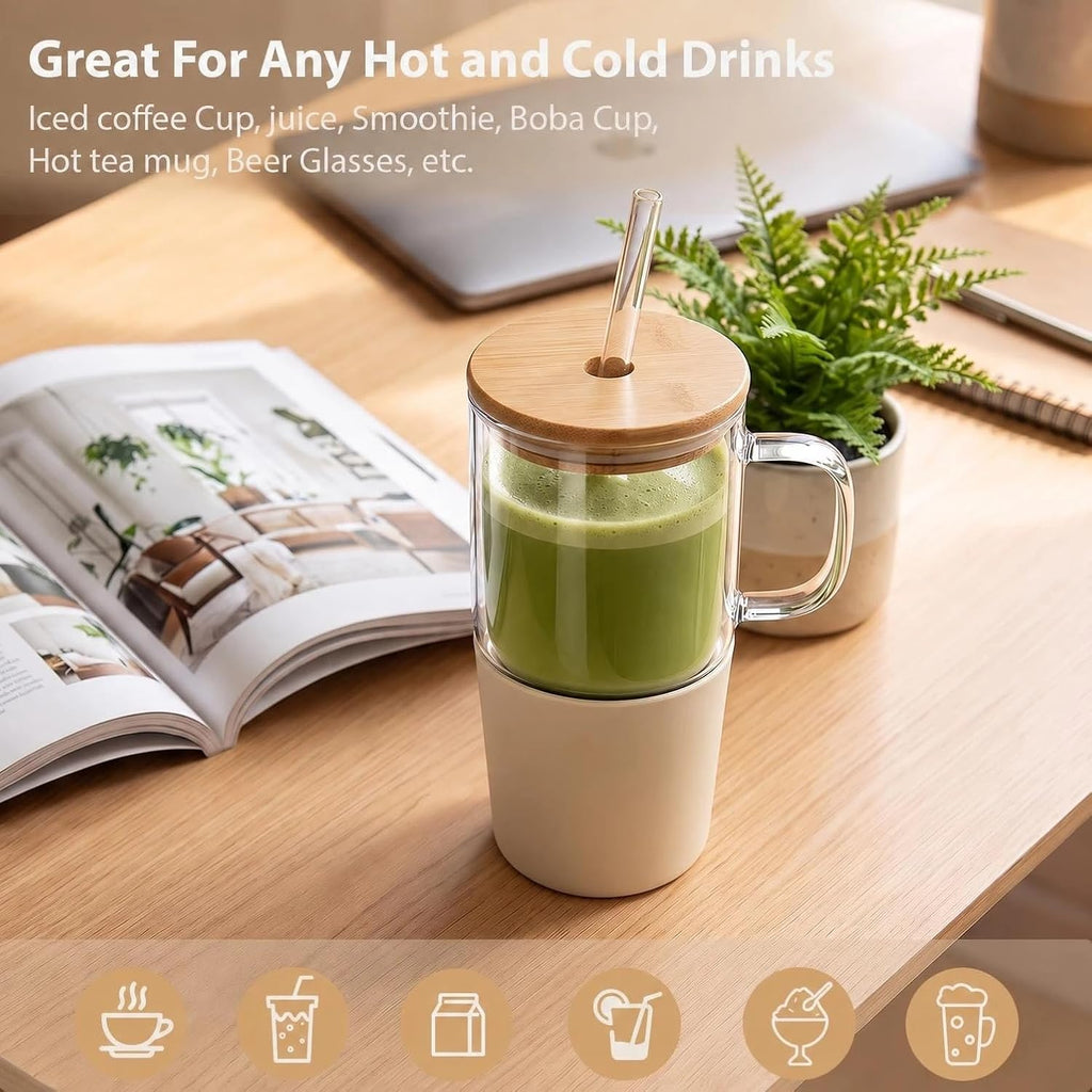 Vaso de vidrio de doble pared con asa y tapa con popote, taza de viaje aislada de 20 onzas para bebidas frías y calientes, vaso de vidrio transparente apto para portavasos