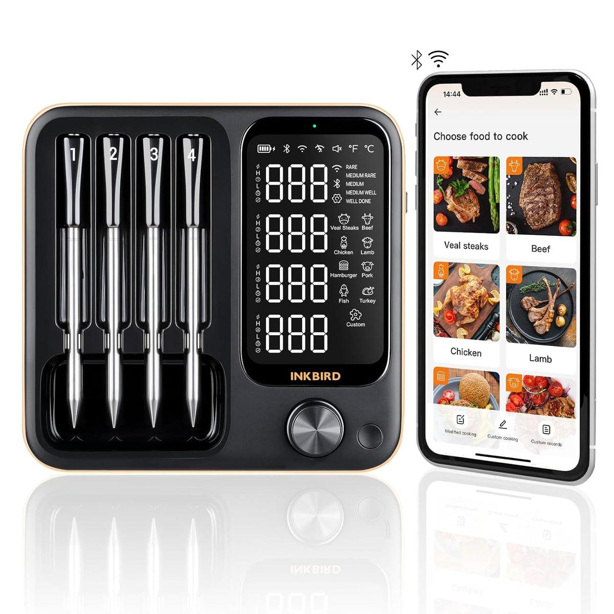 Wireless Meat Thermometer con 4 Probes, INKBIRD WiFi Meat Thermometer Digital Wireless para Rotisserie Grill Oven,Unlimited Range Dishwasher Waterproof Bluetooth Thermometer para iOS & Android
