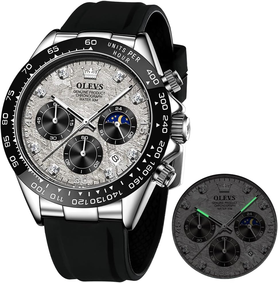 OLEVS Relojes Cronógrafo Masculinos de Moda Empresarial Analógico Quartz Reloj de Pulsera para Hombre, Cinturón de Silicona a prueba de agua con Luminiscente, Calendario