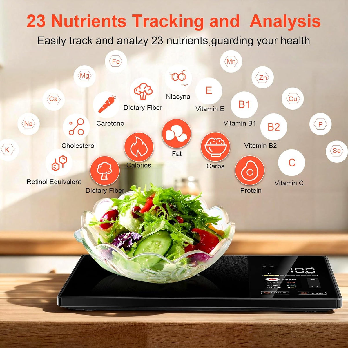 Báscula de Alimentos Inteligente con Calculadora Nutricional, App y Escáner de Barras
