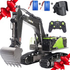 Excavadora RC para adultos Huina 1593 Totalmente funcional Juguete 1:14 28 canales Control remoto Camión Construcción Vehículo Cubo Metal Luces LED Simulación Sonidos 2 Baterías y Pinza Modelo 2026