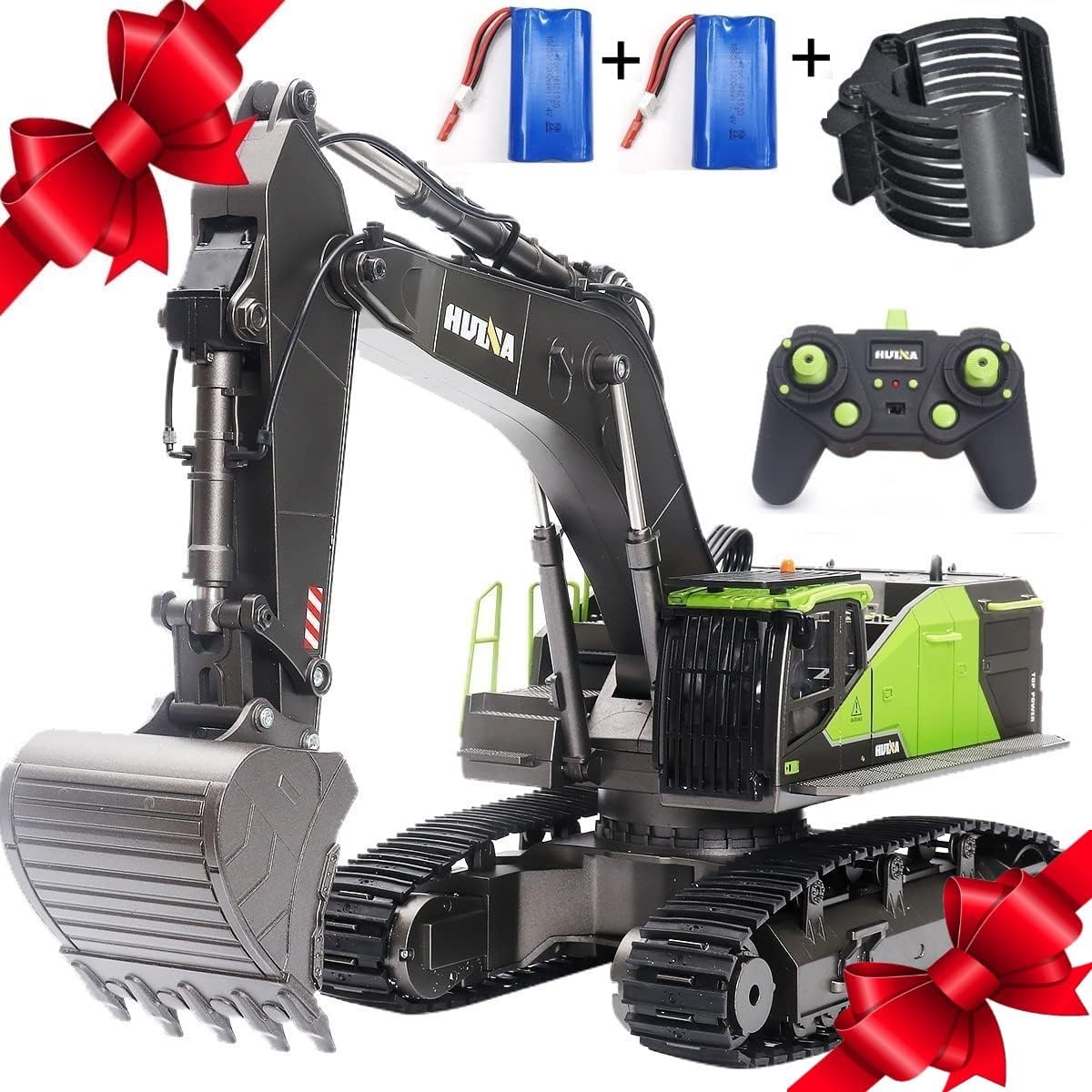 Excavadora RC para adultos Huina 1593 Totalmente funcional Juguete 1:14 28 canales Control remoto Camión Construcción Vehículo Cubo Metal Luces LED Simulación Sonidos 2 Baterías y Pinza Modelo 2026
