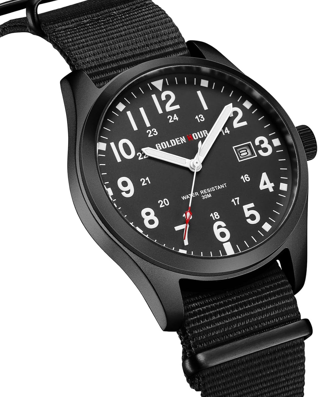 GOLDEN HOUR Reloj de hombre con correa de nailon antideslizante con esfera de hora militar de fácil lectura y manecillas luminosas