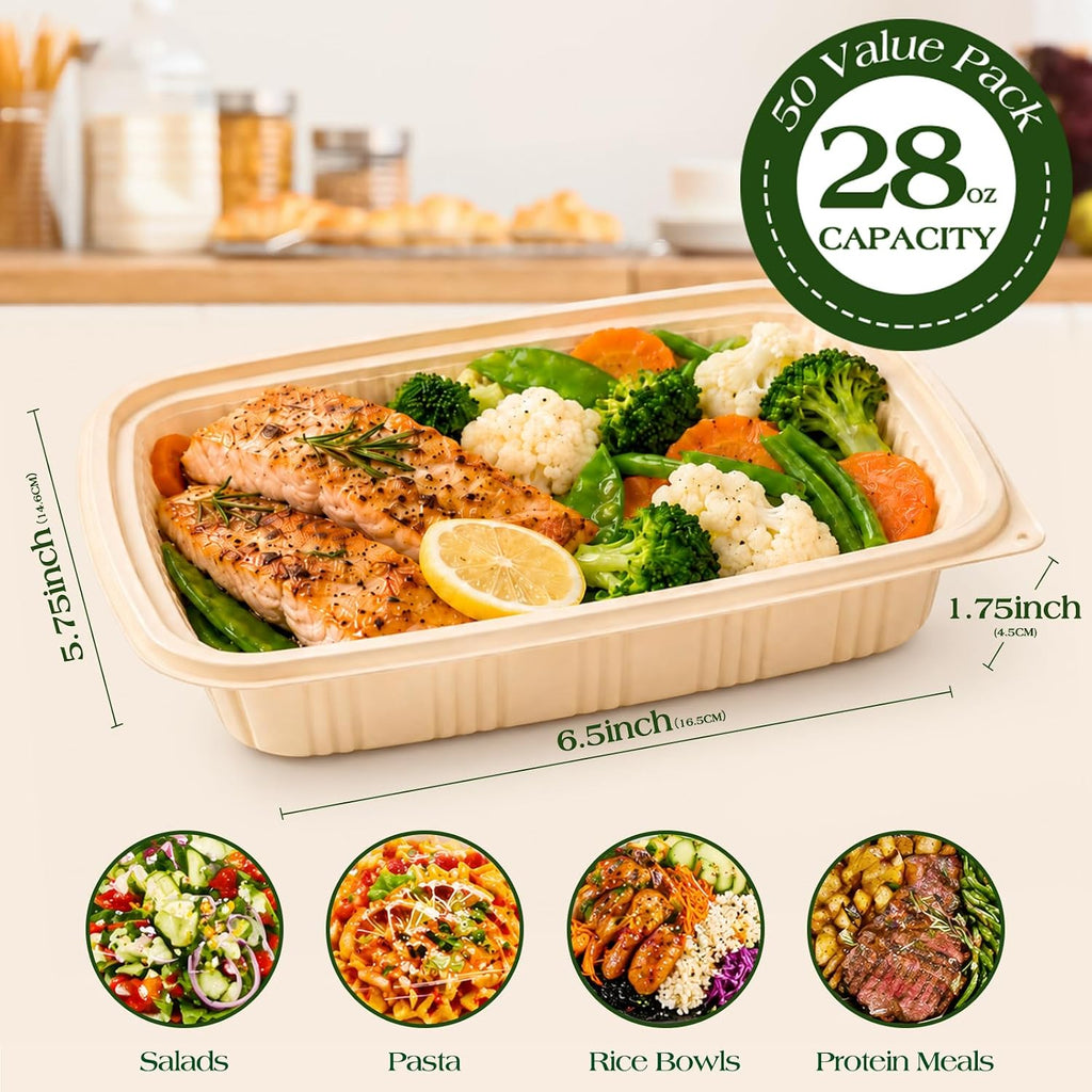 100 unidades (paquete de 50) recipientes de preparación de comidas con tapas, recipientes de almacenamiento de alimentos de almidón de maíz de 28 onzas, lonchera a base de plantas para ensalada, recipientes de plástico sin BPA para llevar microondas y