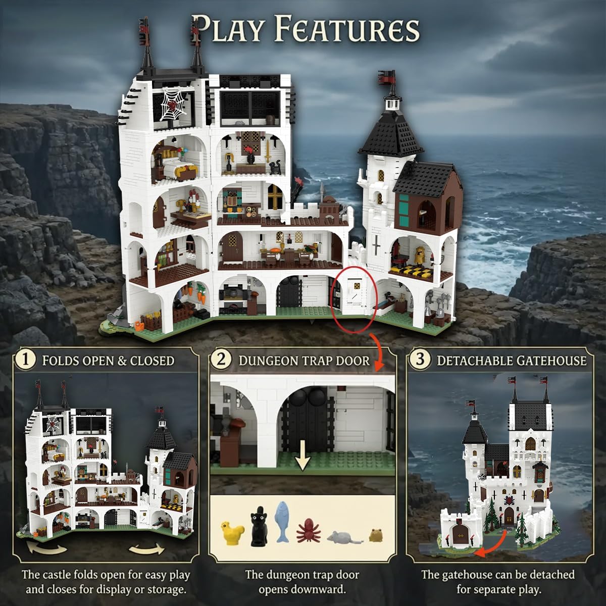 Juego de construcción de castillo blanco medieval 2 en 1 para