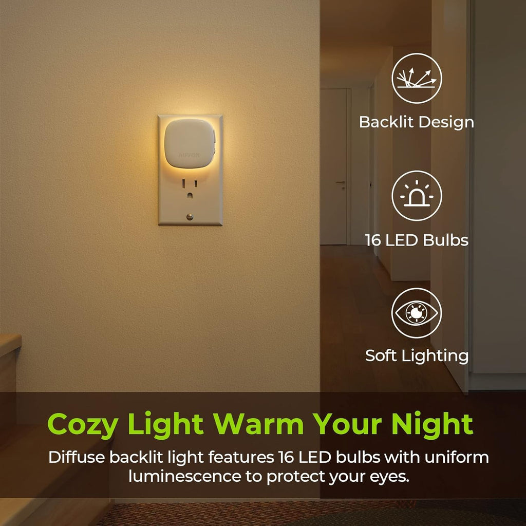 AUVON - Luz nocturna LED retroiluminada enchufable, 4 paquetes, sensor de movimiento y del anochecer al amanecer