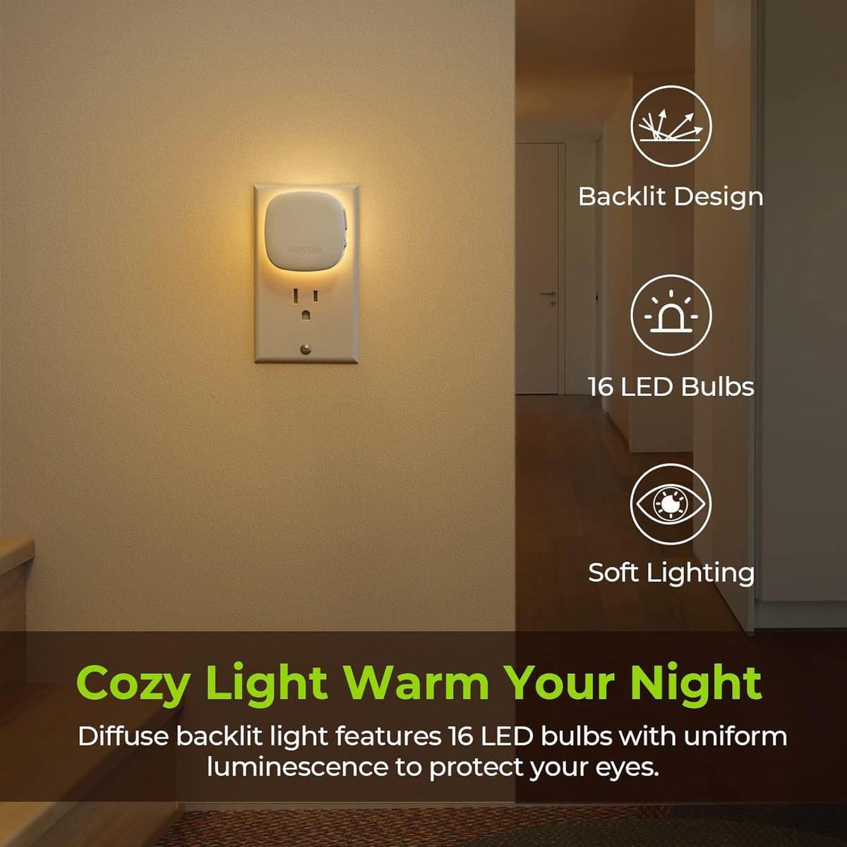 AUVON - Luz nocturna LED retroiluminada enchufable, 4 paquetes, sensor de movimiento y del anochecer al amanecer