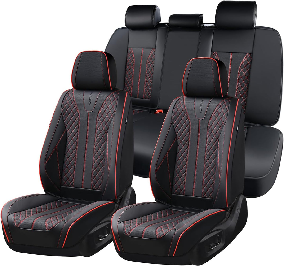 Fundas de asiento de cuero para asiento delantero y trasero, fundas de asiento de automóvil de 5 asientos, fundas de asiento impermeables para automóviles, ajuste universal para la mayoría de automóviles, SUV, camiones, línea negra y roja