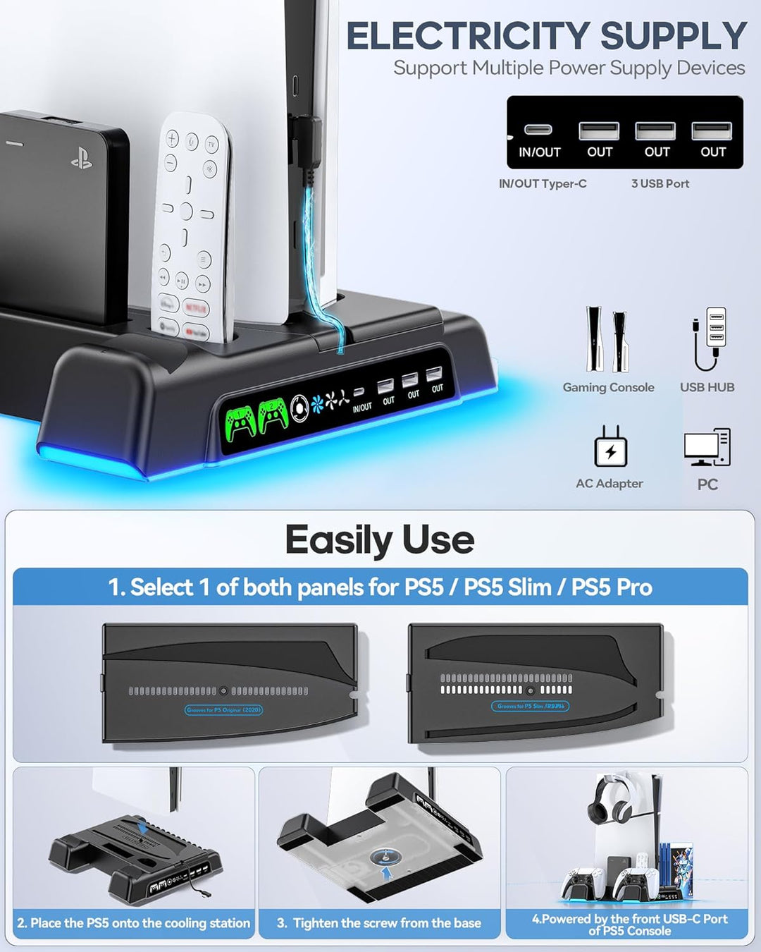 PS5\/Slim\/Pro Stand and Cooling Station with LED Controller Chargi...