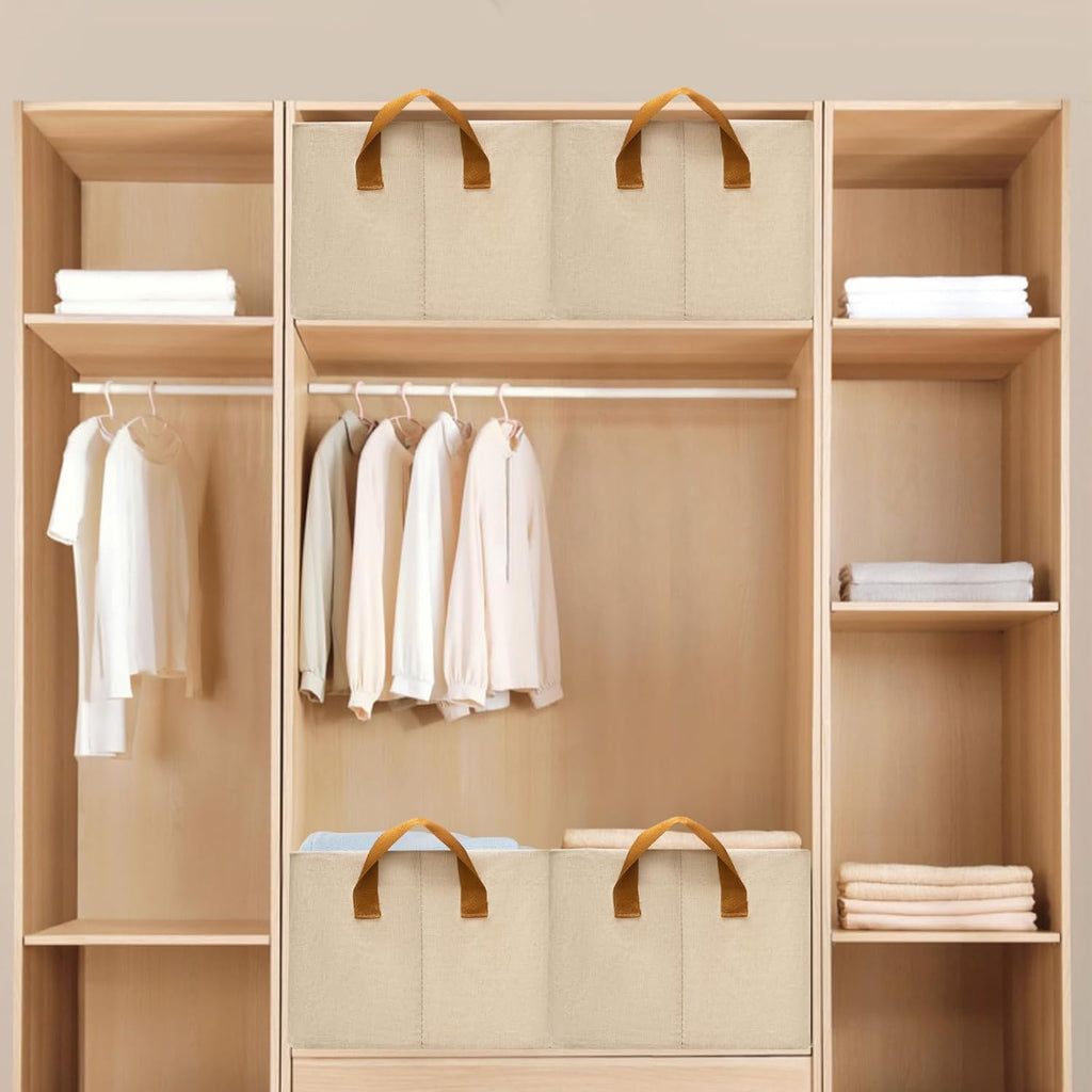 SNWDN - Paquete de 4 contenedores de almacenamiento de tela para armario con asas (beige, 15 pulgadas de largo x 10.2 pulgadas de ancho x 8.2 pulgadas de alto)
