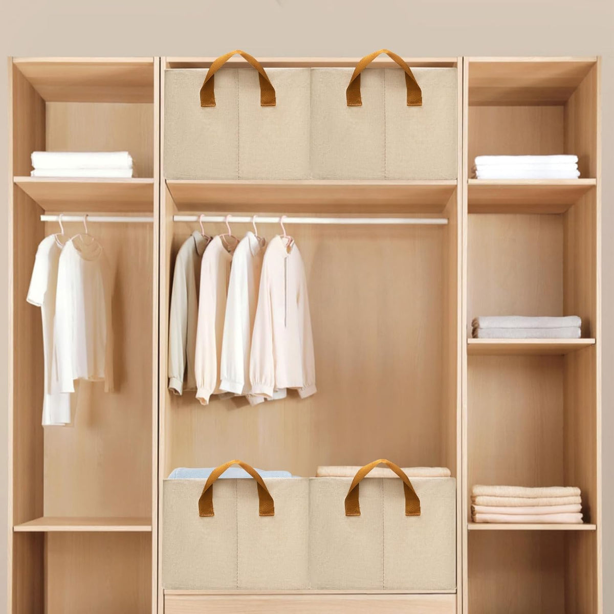 SNWDN - Paquete de 4 contenedores de almacenamiento de tela para armario con asas (beige, 15 pulgadas de largo x 10.2 pulgadas de ancho x 8.2 pulgadas de alto)
