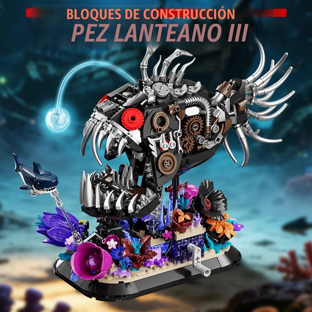 Lámpara Juego de construcción de peces mecánicos, 1010 piezas, modelos de bloques de monstruos de mar profundo con base de coral, juguetes de construcción de animales oceánicos steampunk, adecuado para niños