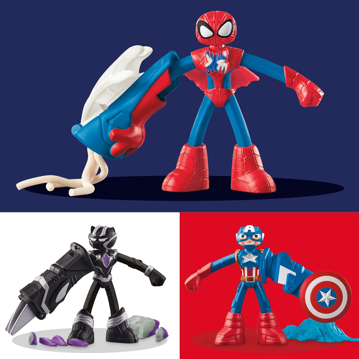 Play-Doh Marvel Hero Adventure Playset, 3 figuras de acción de Marvel con herramientas reutilizables, Black Panther, Capitán América y Spider-Man, juguetes de imaginación para niños y niñas