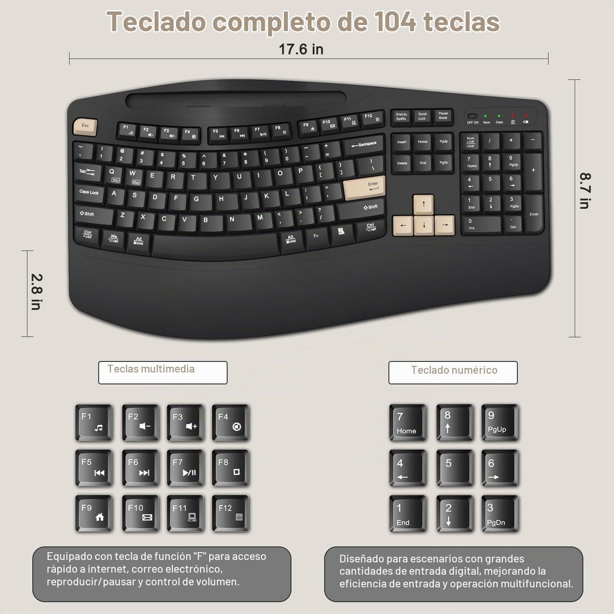 Combo de teclado y mouse inalámbricos, teclas onduladas de tamaño c...