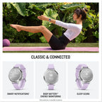 Garmin Lily® 2 Active, Reloj inteligente pequeño y elegante, GPS integrado, pantalla oculta, lente con patrón, hasta 9 días de duración de la batería, plateado con banda de silicona Purple Jasmine