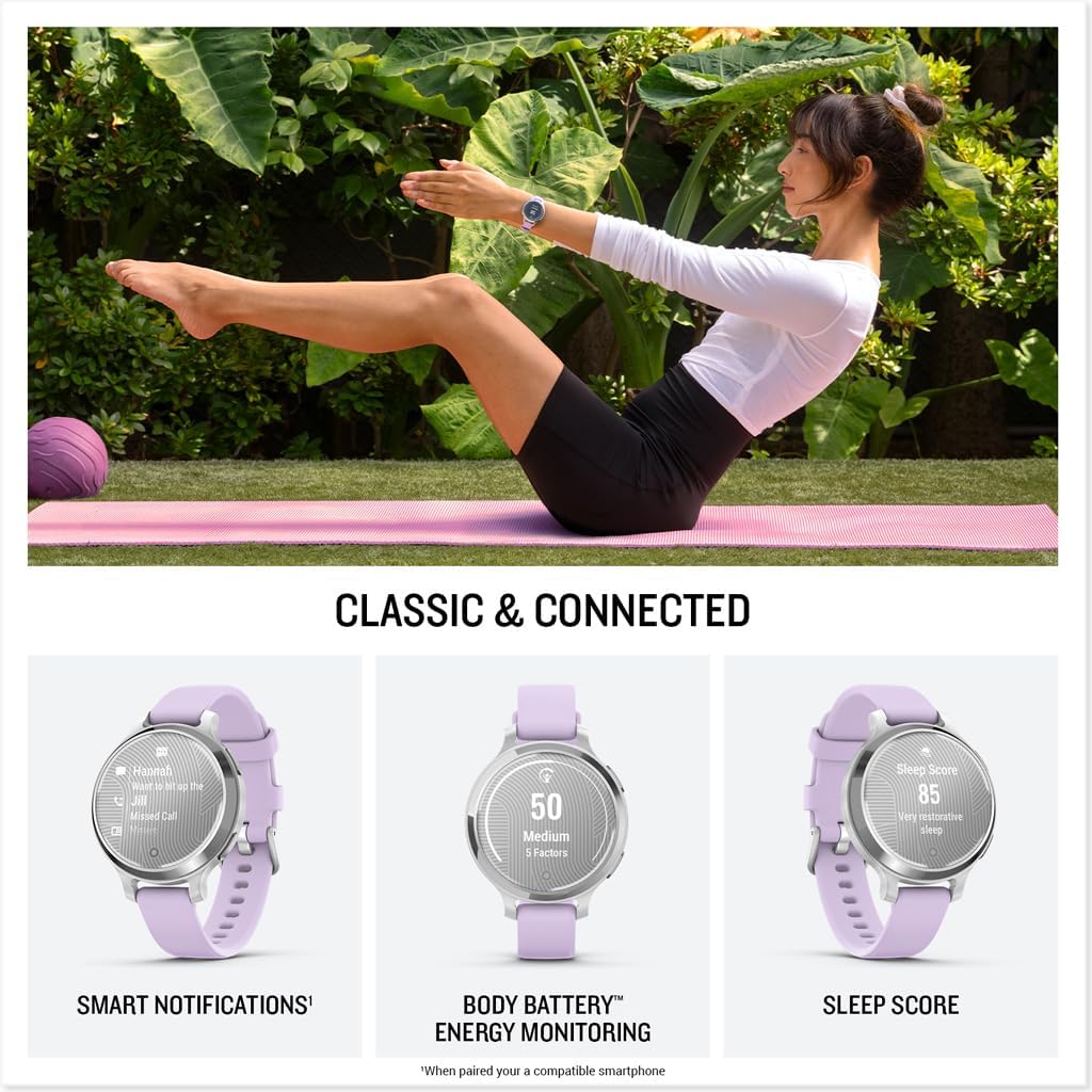 Garmin Lily® 2 Active, Reloj inteligente pequeño y elegante, GPS integrado, pantalla oculta, lente con patrón, hasta 9 días de duración de la batería, plateado con banda de silicona Purple Jasmine