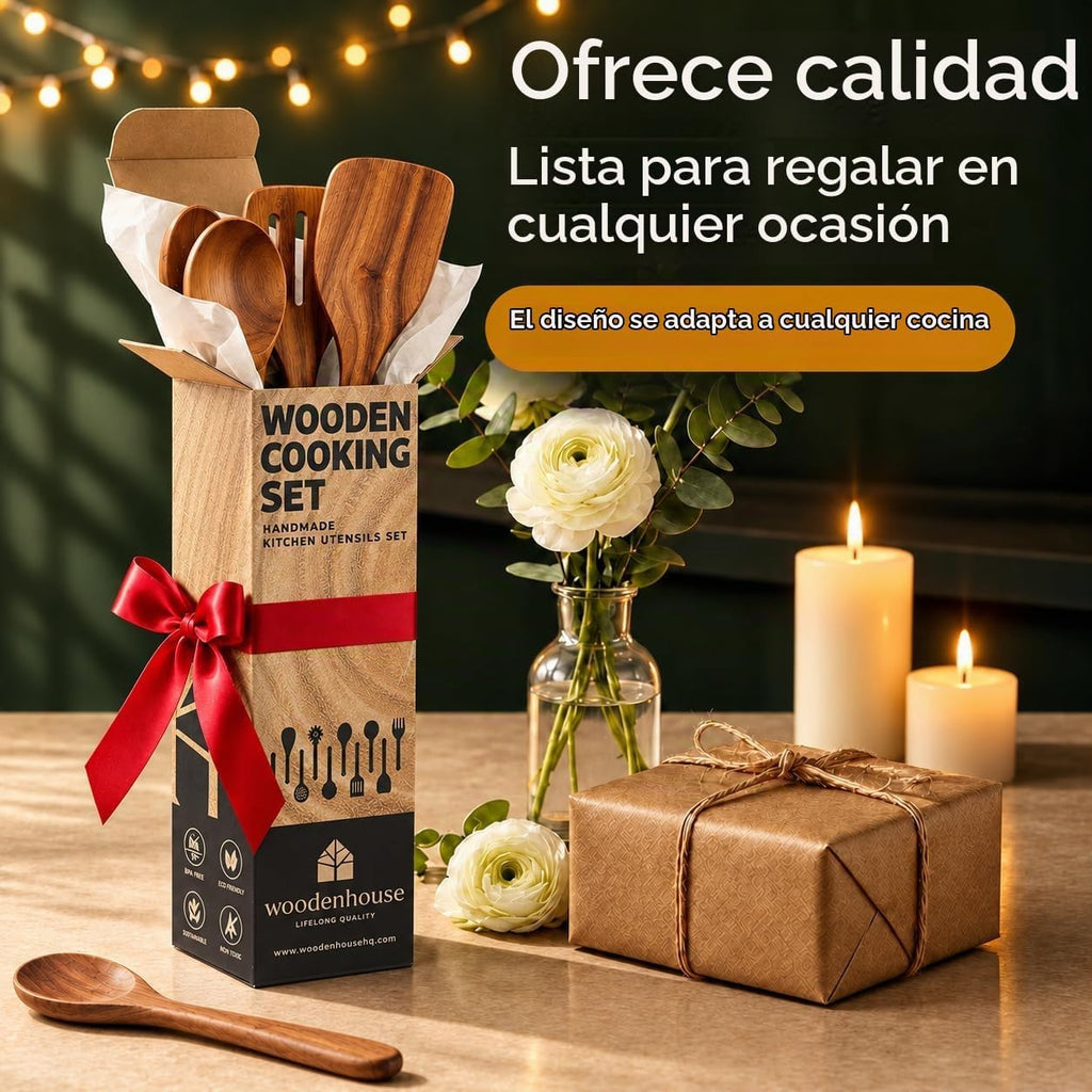 Cucharas de madera para cocinar: juego de utensilios de cocina de teca no