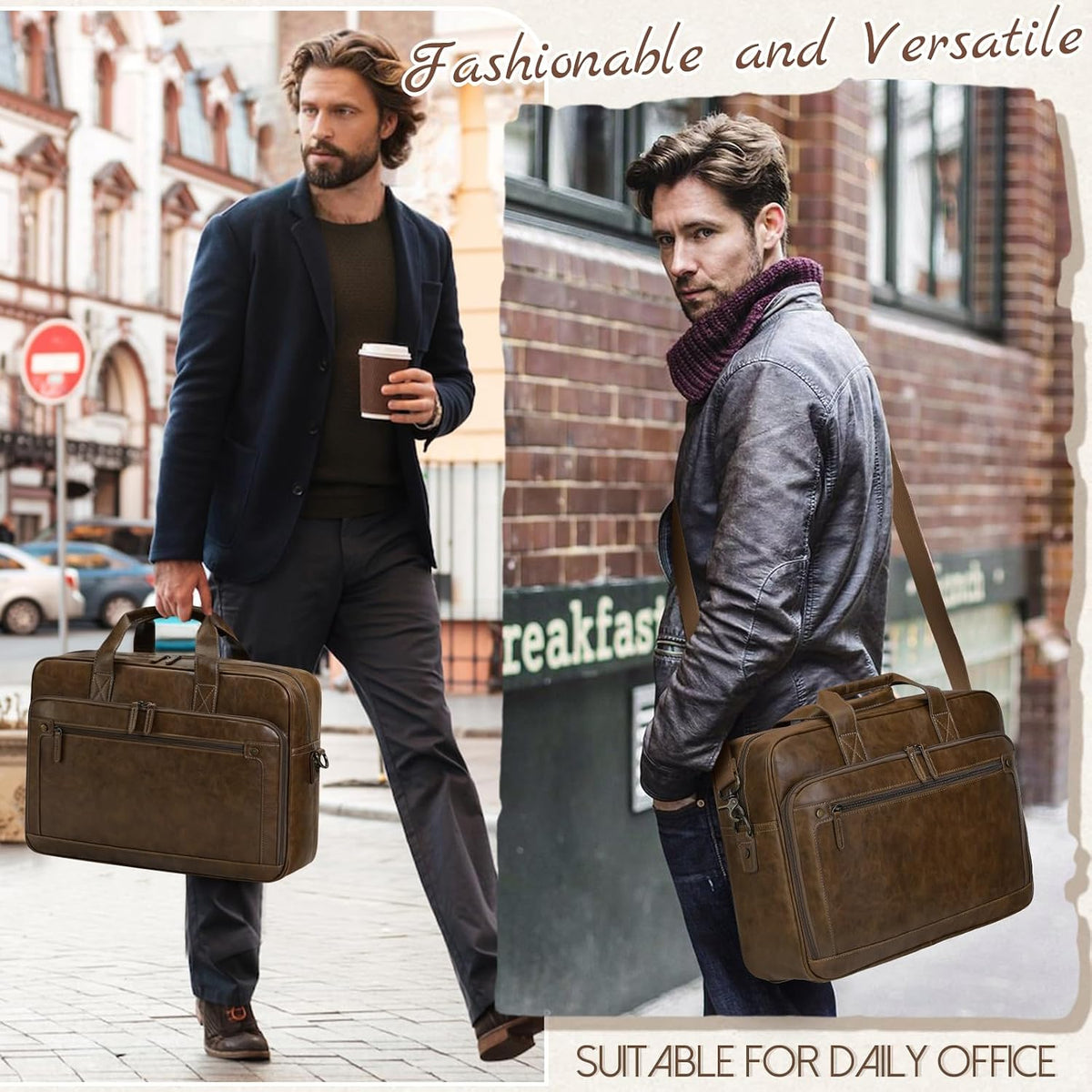 Bolso de mensajero vintage de cuero RAINSMORE para hombres, maletín de 16 pulgadas para computadora portátil, gran bolsa de hombro para oficina, bolsa estilo retro para la universidad, para trabajo