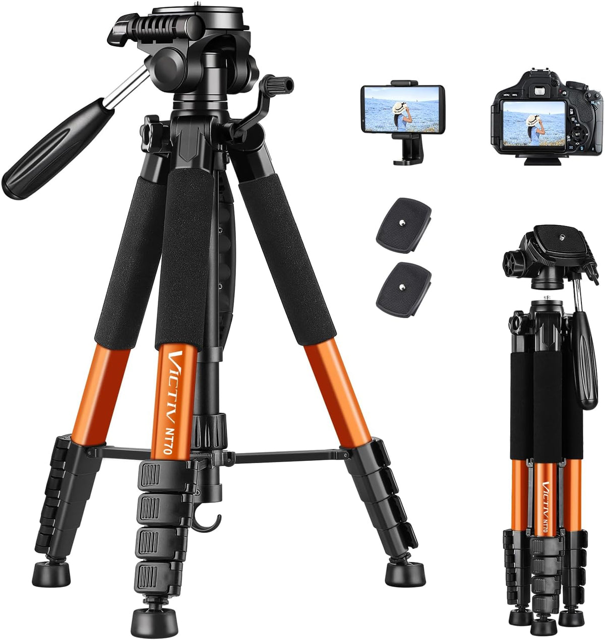 VICTIV - Trípode de 74 pulgadas para cámara y teléfono celular, trípode profesional de aluminio resistente con bolsa de transporte, compatible con cámara DSLR, SLR, iPhone, Canon, Nikon