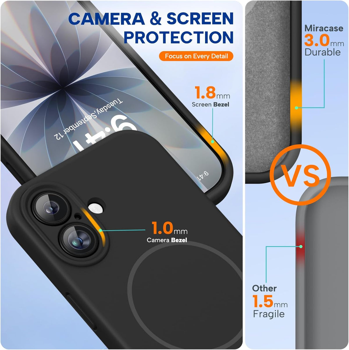 Miracase Funda de silicona y magnética para iPhone 17, color negro