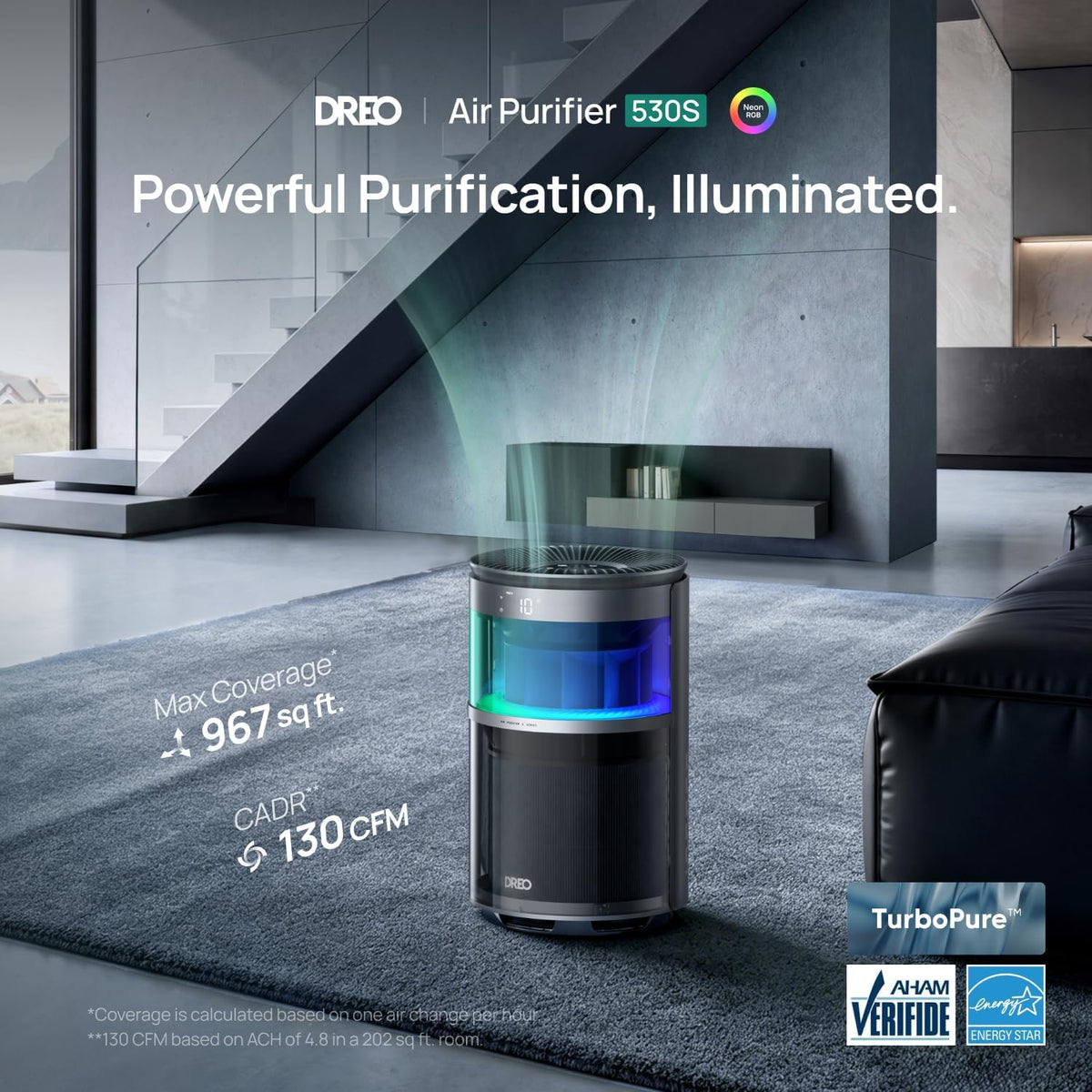 DREO Purificador de aire inteligente con luz RGBIC, limpiador de aire doméstico con Wi-Fi/Voz/Alexa, 4 velocidades y modos de sueño automático/turbo/HEPA para humo, polvo, polen, olor, monitor de