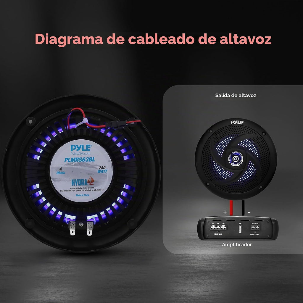 Pyle Altavoces marinos impermeables de 6.5 pulgadas, torre de wakeboard de perfil bajo y sistema de sonido estéreo de audio resistente a la intemperie con luces LED y potencia de 240 W