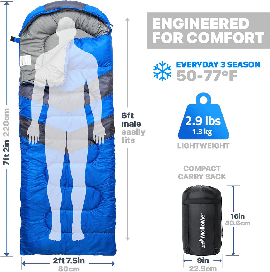 MalloMe Sacos de dormir para adultos para clima frío y cálido, saco de dormir para mochileros para niños de 10 a 12 años, niñas, niños, ligeros, compactos, artículos esenciales para acampar