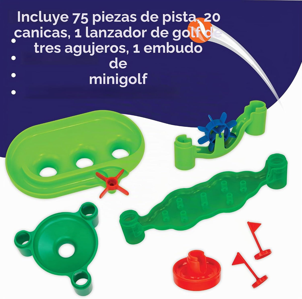 MindWare Marble Run Mini Golf – Juguetes de construcción para niños de 4 a 8 años – Giro único en la carrera clásica de canicas para niños de 4 a 8 años – Laberinto de mármol incluye 75 piezas de pista, 20 canicas y nuevos componentes emocionantes