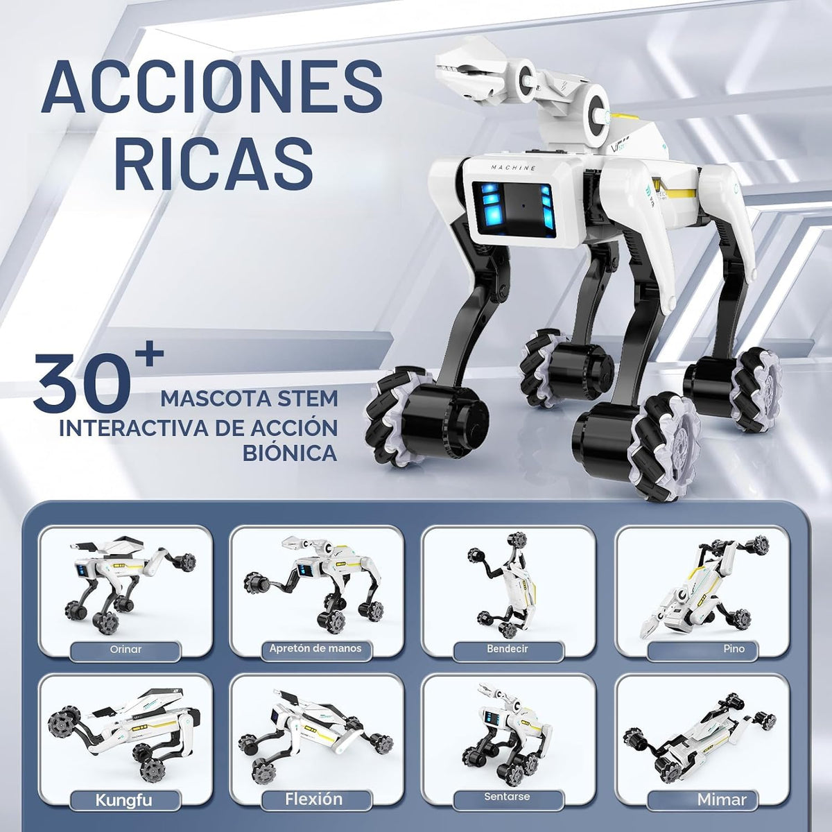 Kit de perro robot 3 en 1 con ruedas, más de 30 acciones biónicas, control de voz y control remoto, movimientos programables, batería recargable, juguete para mascotas todo terreno para niños (garra y cañón extraíbles)