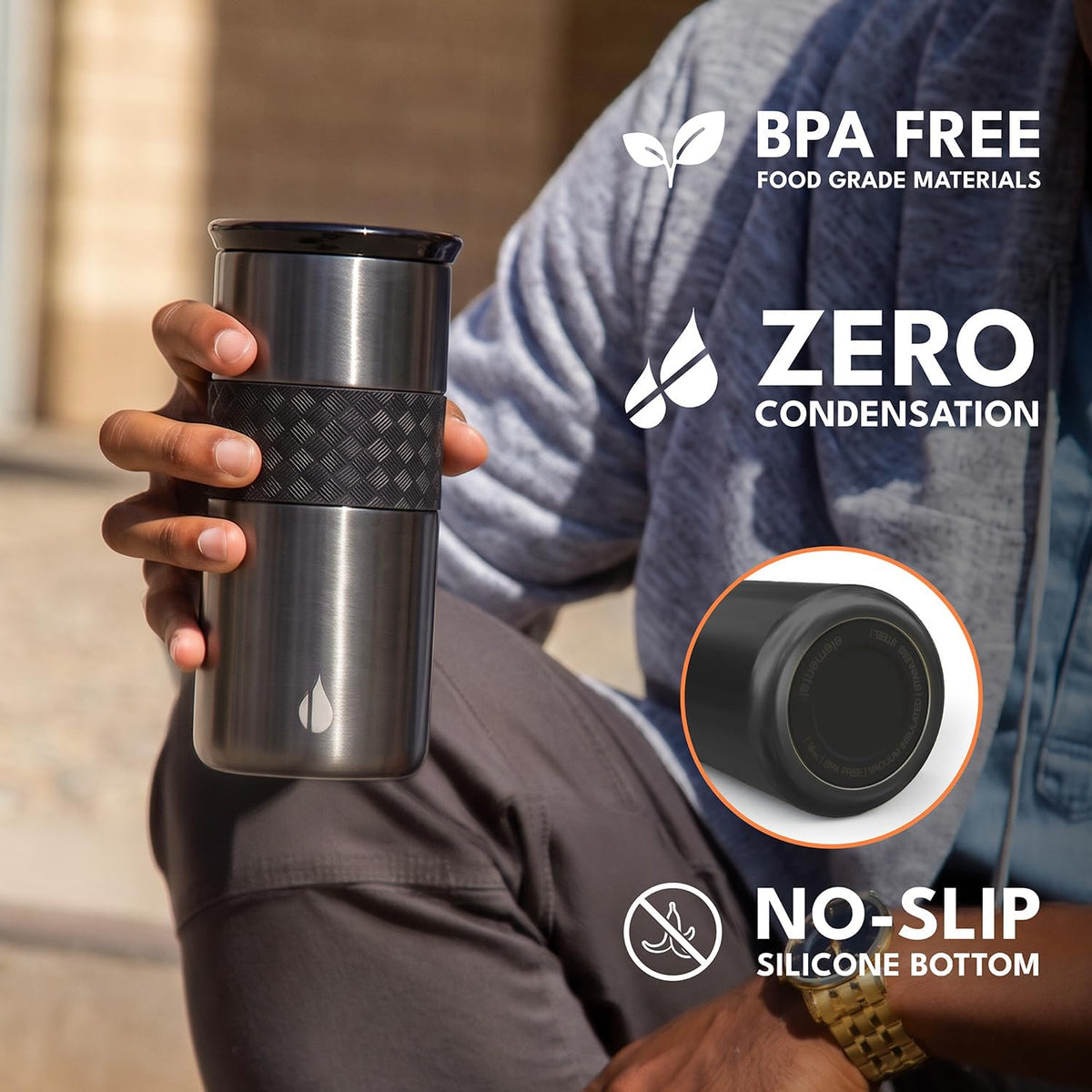 Elemental Artisan - Vaso aislado de triple pared, taza de viaje para café, reutilizable, de acero inoxidable, con tapa de cerámica, tazas térmicas de café para bebidas calientes (6 horas) y frías (18
