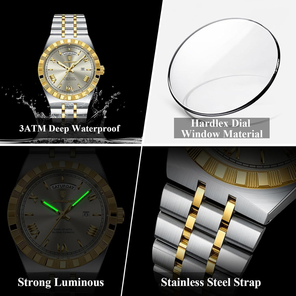 Poedagar Reloj de negocios para hombre, clásico de la semana, fecha, impermeable, luminoso, reloj de pulsera para hombre, acero inoxidable, moda de cuarzo, relojes masculinos