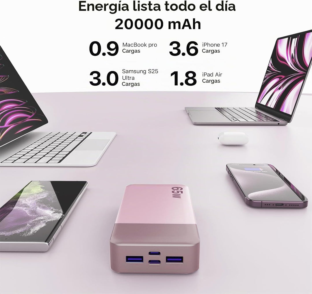 NOBIS Cargador portátil, 65 W, 20000 mAh, carga rápida, PD QC, 2 US...