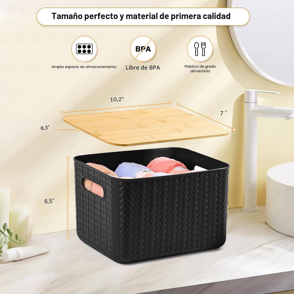 Ohmlove Paquete de 4 contenedores de almacenamiento con tapas de bambú, contenedores de almacenamiento de plástico con tapas, caja de almacenamiento apilable: cestas de almacenamiento para organizar