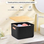 Ohmlove Paquete de 4 contenedores de almacenamiento con tapas de bambú, contenedores de almacenamiento de plástico con tapas, caja de almacenamiento apilable: cestas de almacenamiento para organizar