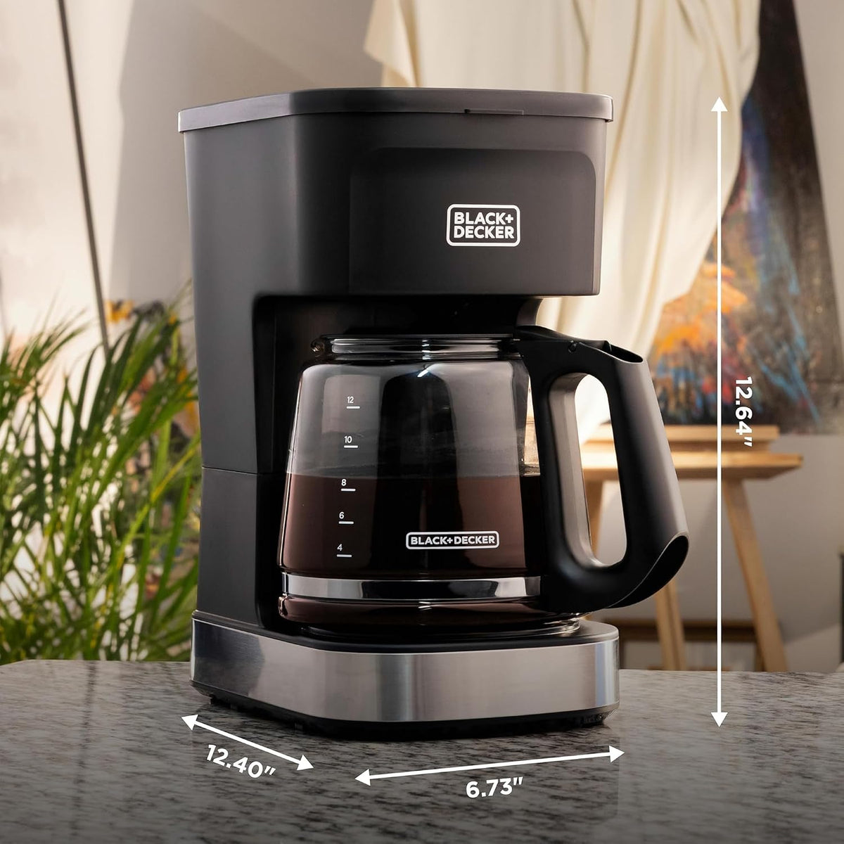 negro+DECKER CAFÉCRAFT Cafetera de goteo para 12 tazas, interruptor único con tecnología Vortex Showerhead, función Sneak-A-Cup, función de mantener caliente, acero inoxidable